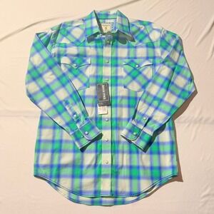 Panhandle Rough Stock Western Shirt Mens Medium Green Blue Plaid NWT Pearl Snap
